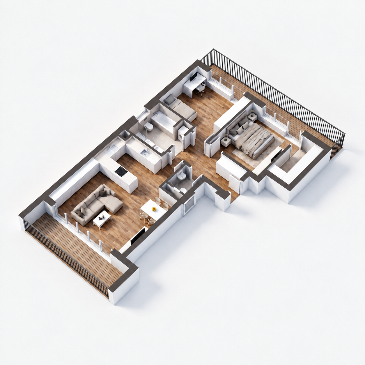 3D axonometrický půdorys zařízeného bytu